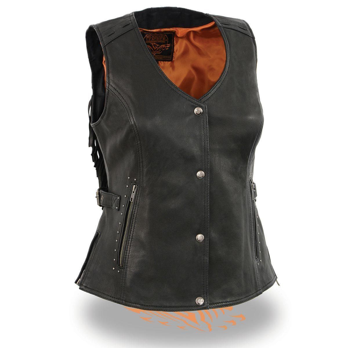 Milwaukee Leather MLL4565 Women's Black Fringed Leather Rivet Detail Side Buckle and Zipper Motorcycle Rider Vest