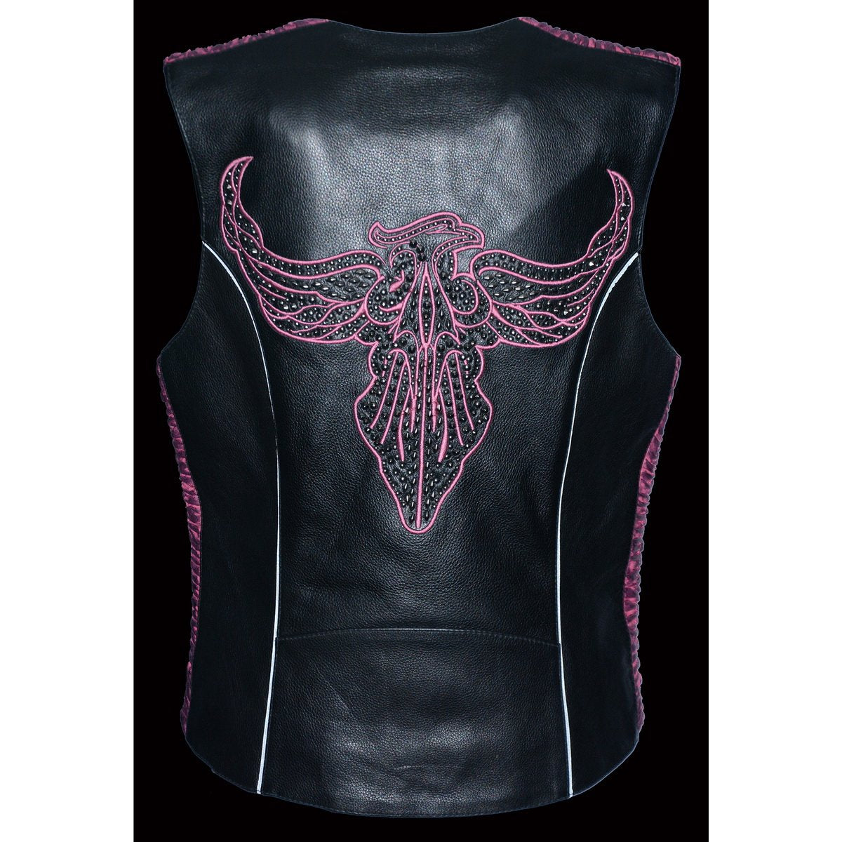 Milwaukee Leather MLL4570 Ladies Black and Fuchsia 'Studded Phoenix' Leather Vest