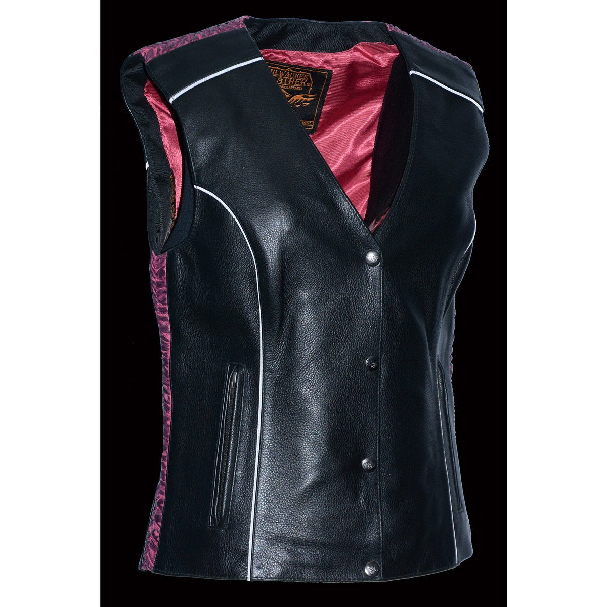 Milwaukee Leather MLL4570 Ladies Black and Fuchsia 'Studded Phoenix' Leather Vest