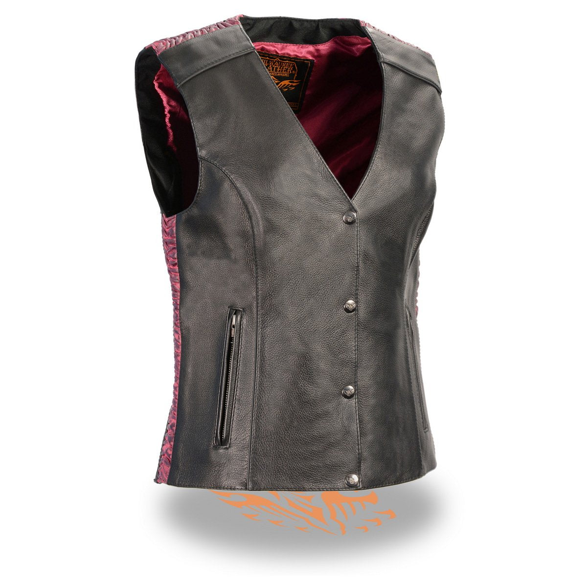 Milwaukee Leather MLL4570 Ladies Black and Fuchsia 'Studded Phoenix' Leather Vest