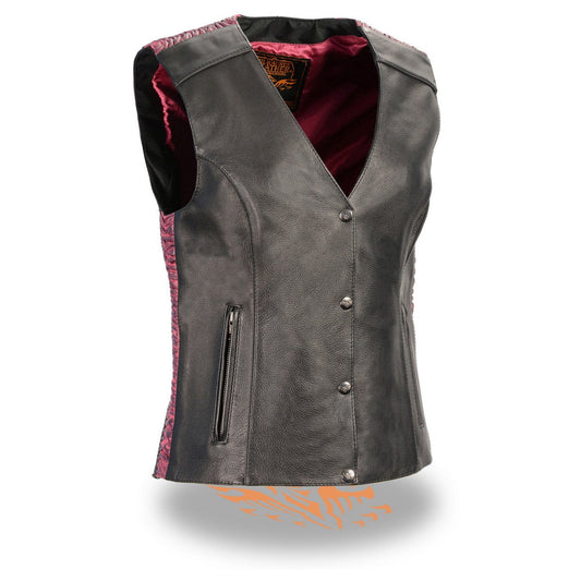 Milwaukee Leather MLL4570 Ladies Black and Fuchsia 'Studded Phoenix' Leather Vest