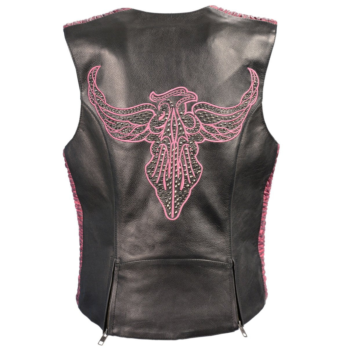 Milwaukee Leather MLL4570 Ladies Black and Fuchsia 'Studded Phoenix' Leather Vest