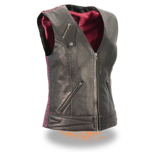 Milwaukee Leather MLL4571 Women's Black and Pink Lightweight Motorcycle Leather Vest w/ Crinkled Leather Design