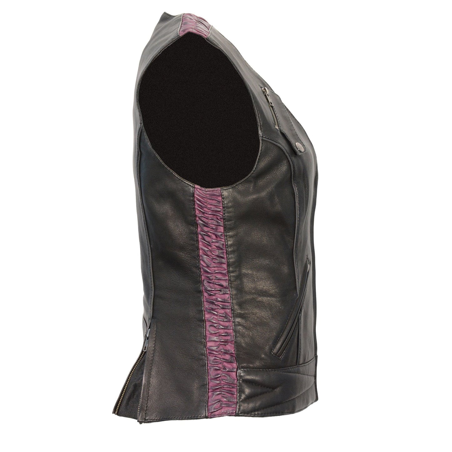 Milwaukee Leather MLL4571 Women's Black and Pink Lightweight Motorcycle Leather Vest w/ Crinkled Leather Design