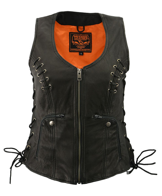 Milwaukee Leather MLL4575 Women's Classic V-Neck Black Leather Motorcycle Rider Vest w/ Adjustable Side Laces