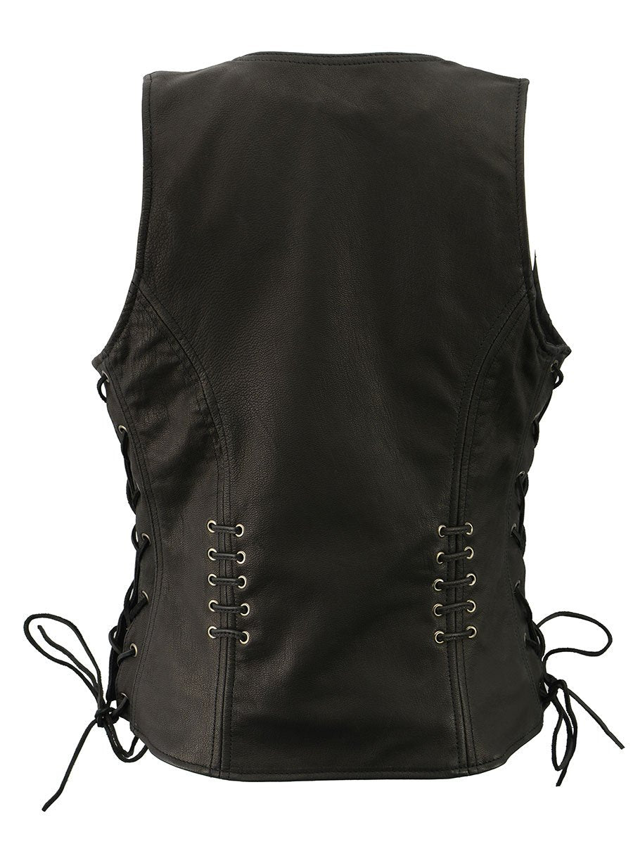 Milwaukee Leather MLL4575 Women's Classic V-Neck Black Leather Motorcycle Rider Vest w/ Adjustable Side Laces