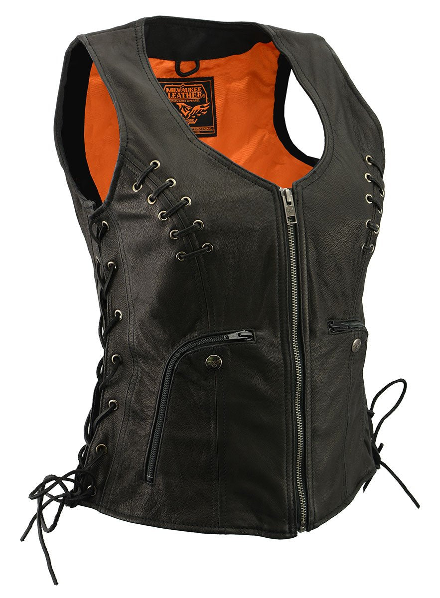 Milwaukee Leather MLL4575 Women's Classic V-Neck Black Leather Motorcycle Rider Vest w/ Adjustable Side Laces