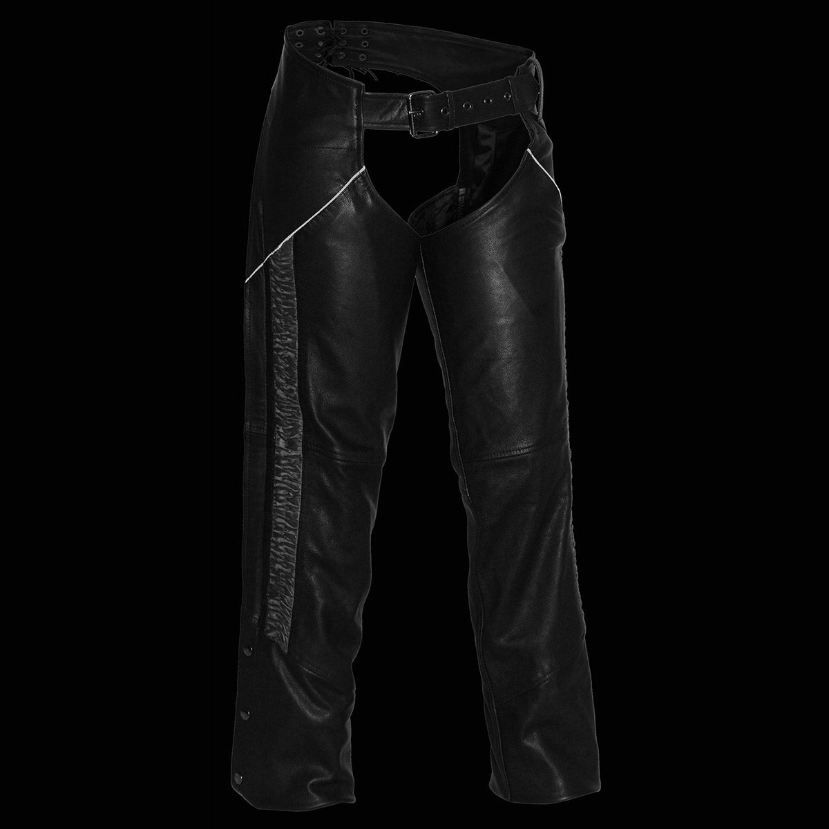 Milwaukee Leather Chaps for Women Black Naked Skin Black Crinkled Stripes- Reflective Trim Motorcycle Chap- MLL6500