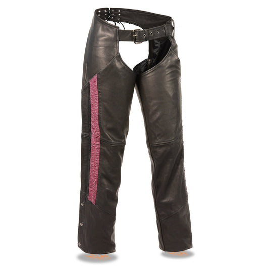 Milwaukee Leather Chaps for Women Black Naked Skin Fuchsia Crinkled Stripes Reflective Trim Motorcycle Chap MLL6500