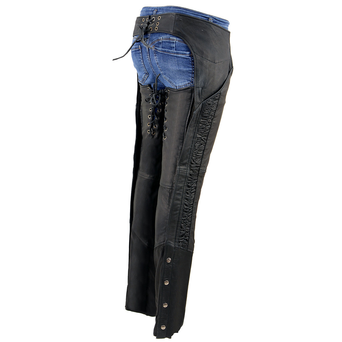 Milwaukee Leather Chaps for Women Black Lightweight Goat Skin- Crinkled Stripes Reflective Motorcycle Chap- MLL6501