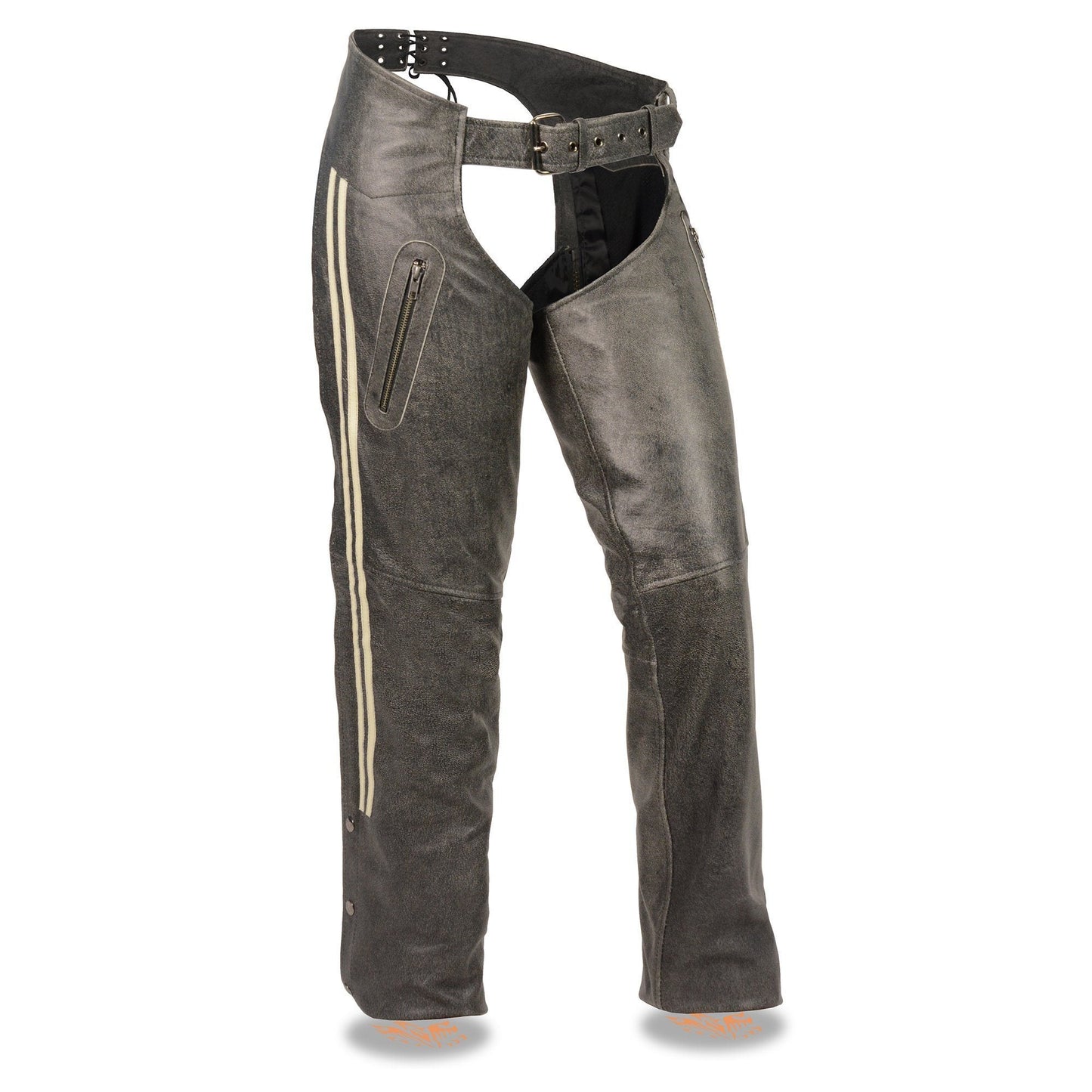 Milwaukee Leather MLL6505 Women's Vintage Grey Slate Leather Chaps with Racing Stripes