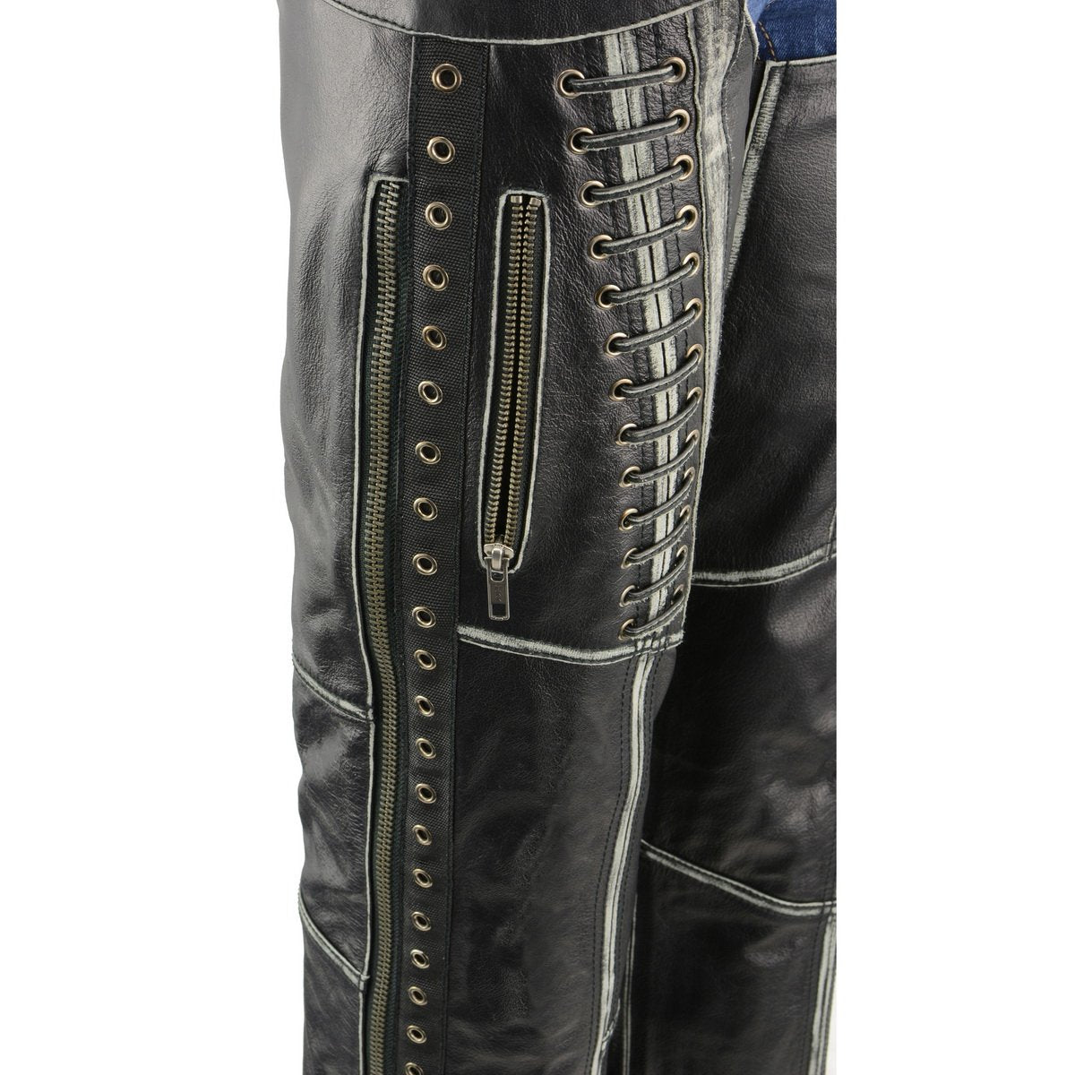 Milwaukee Leather Chaps for Women Black Premium Skin Rubbed Seams- Accented Lace Detailing Motorcycle Chap- MLL6526