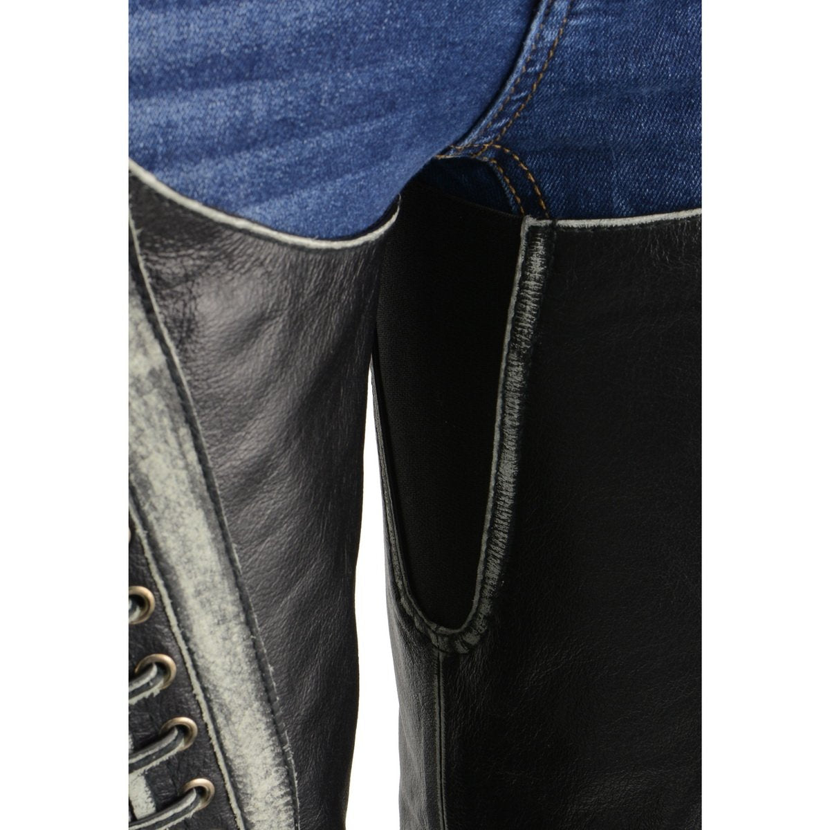 Milwaukee Leather Chaps for Women Black Premium Skin Rubbed Seams- Accented Lace Detailing Motorcycle Chap- MLL6526