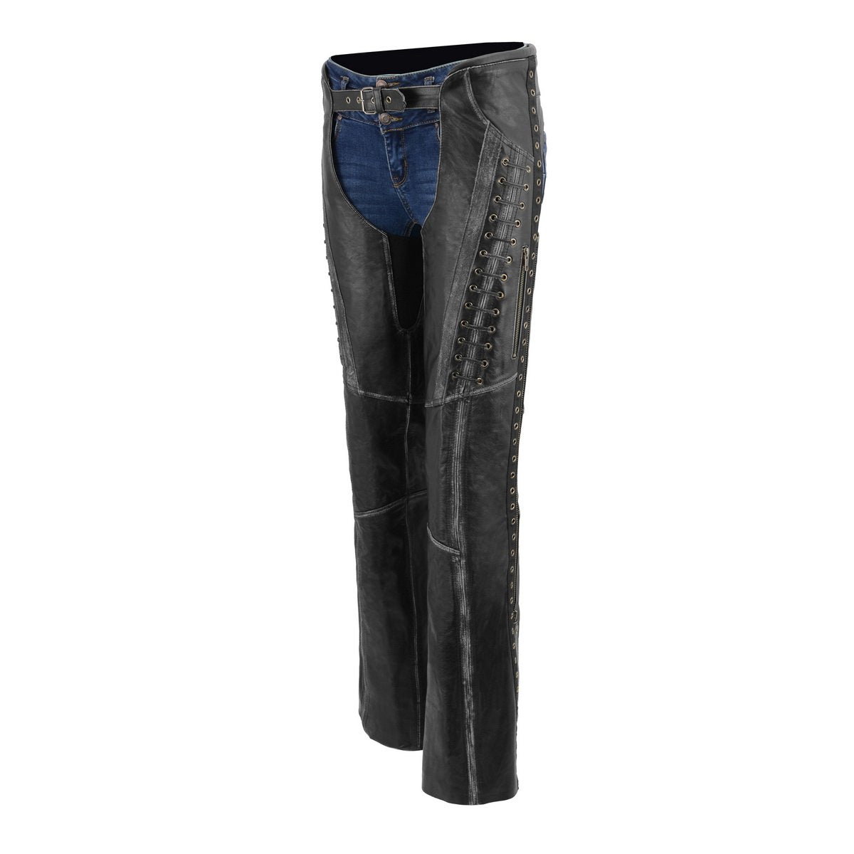 Milwaukee Leather Chaps for Women Black Premium Skin Rubbed Seams- Accented Lace Detailing Motorcycle Chap- MLL6526