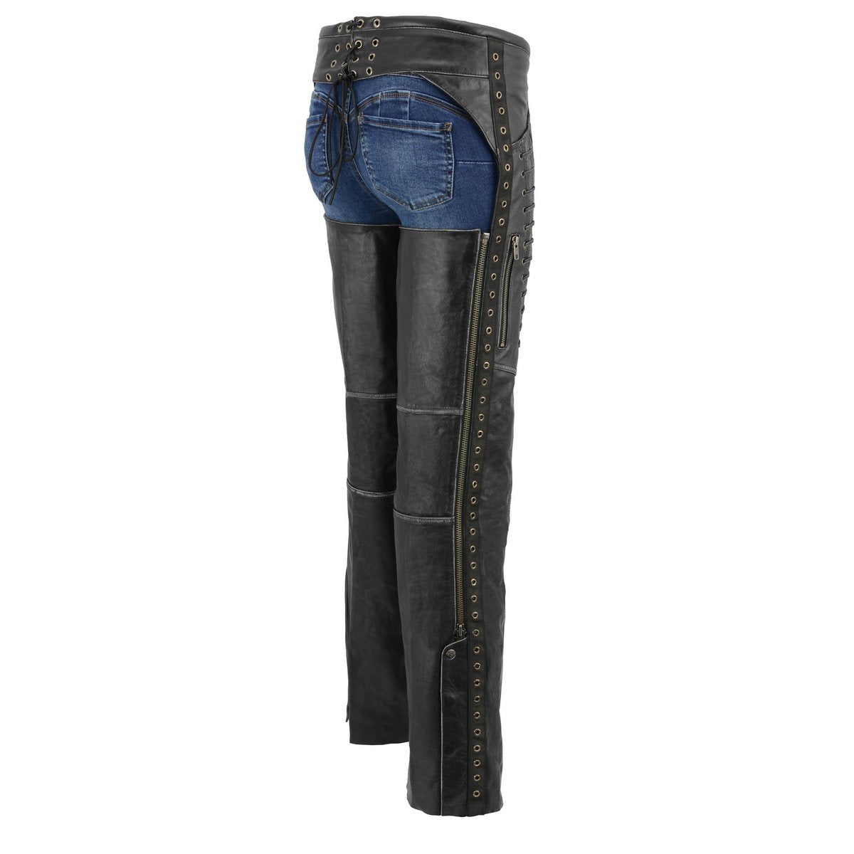 Milwaukee Leather Chaps for Women Black Premium Skin Rubbed Seams- Accented Lace Detailing Motorcycle Chap- MLL6526