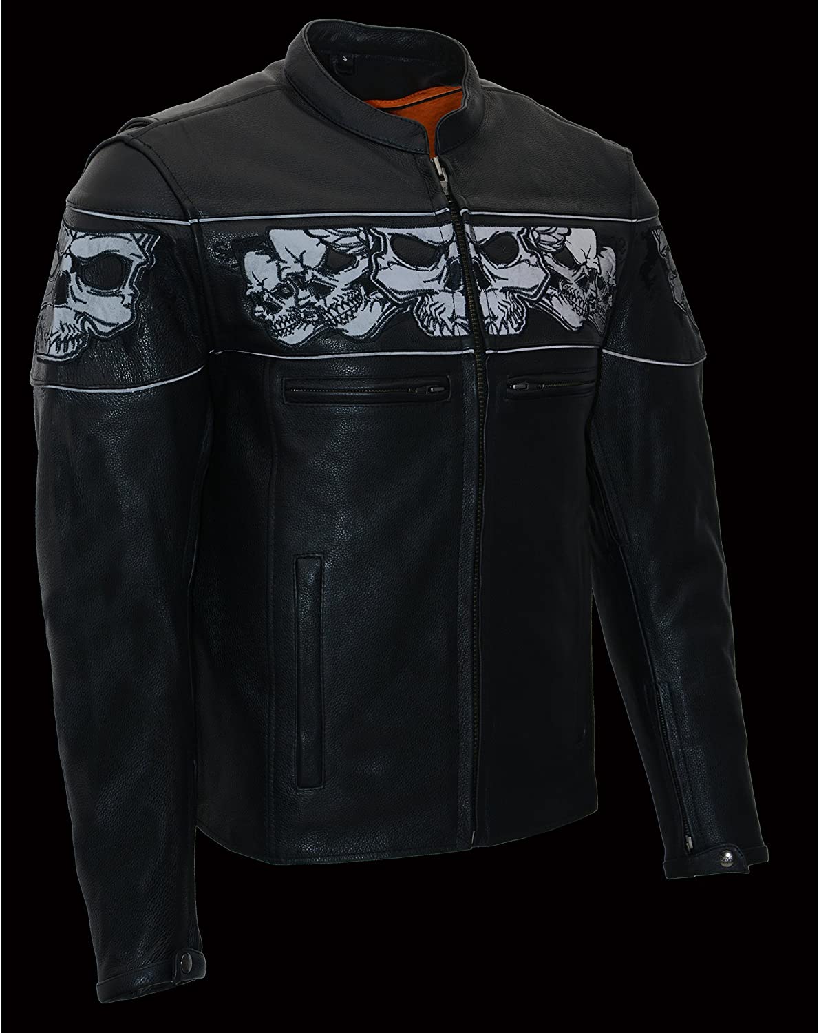 Milwaukee Leather MLM1500 Men's Crossover Black Leather Scooter Jacket with Reflective Skulls