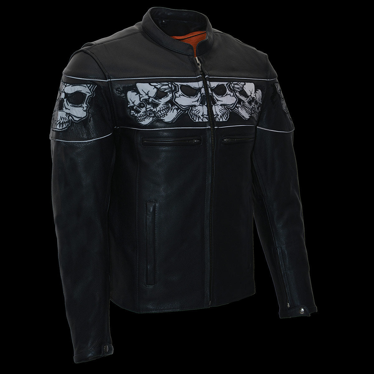 Milwaukee Leather MLM1500 Men's Crossover Black Leather Scooter Jacket with Reflective Skulls