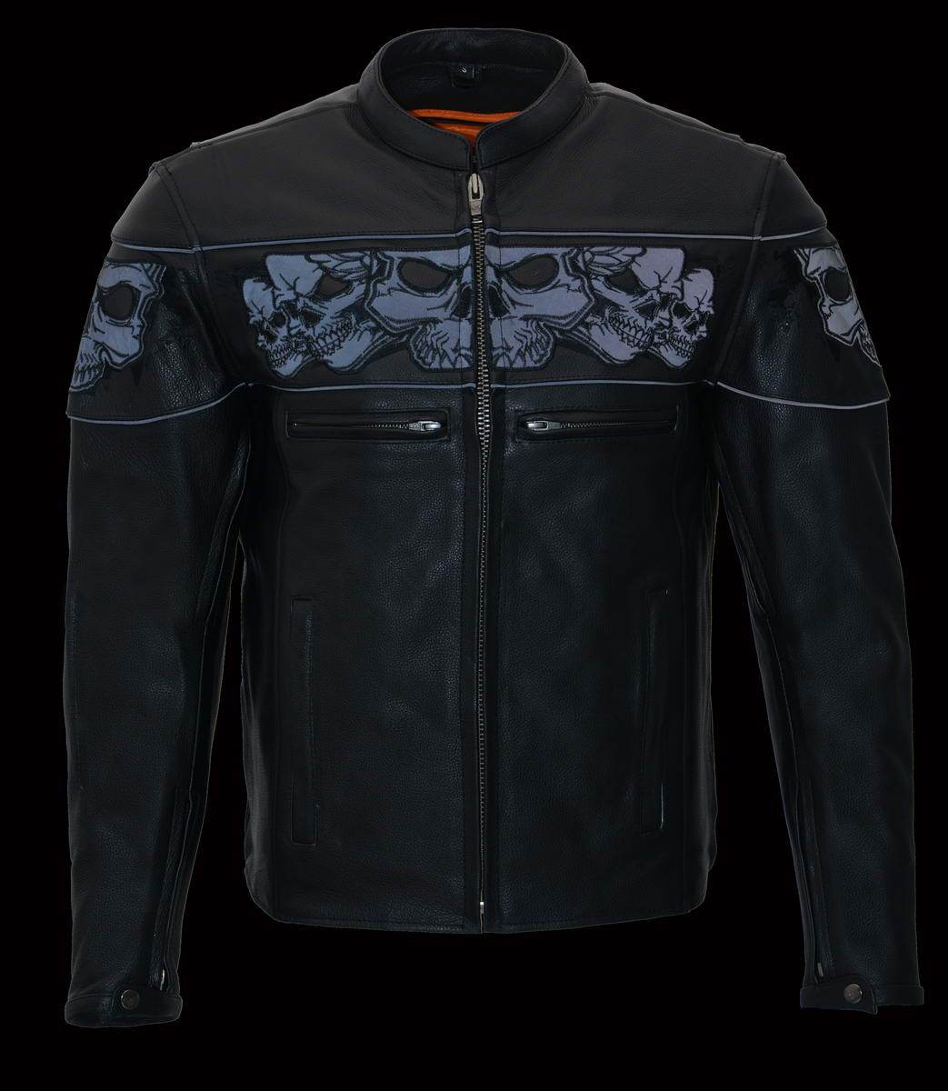 Milwaukee Leather MLM1501 Men's Black 'Cool-Tec' Leather Crossover Scooter Jacket with Reflective Skulls