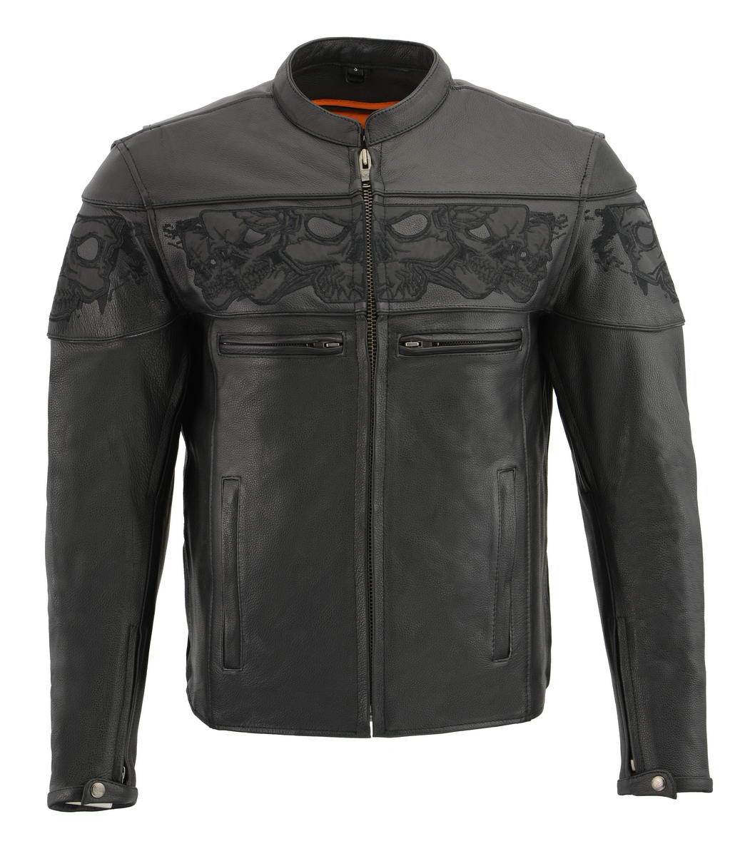 Milwaukee Leather MLM1501 Men's Black 'Cool-Tec' Leather Crossover Scooter Jacket with Reflective Skulls