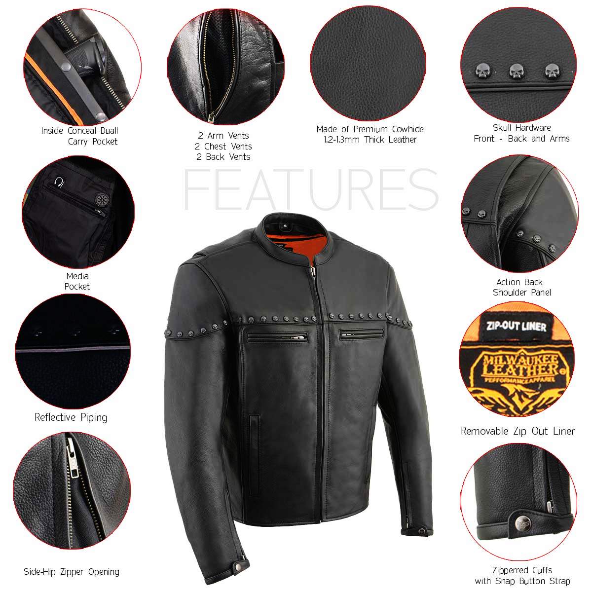 Milwaukee Leather MLM1504 Men's Black ‘The Skelly Racer’ Premium Moto Leather Jacket