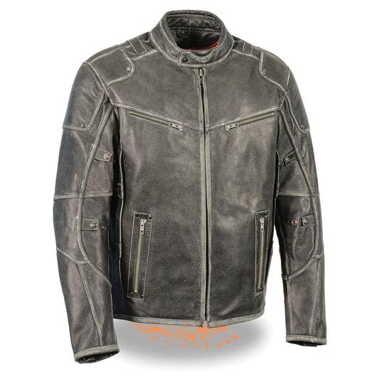 Milwaukee Leather MLM1536 Mens Vintage Distressed Grey Leather Scooter Style Motorcycle Jacket - Reflective Piping