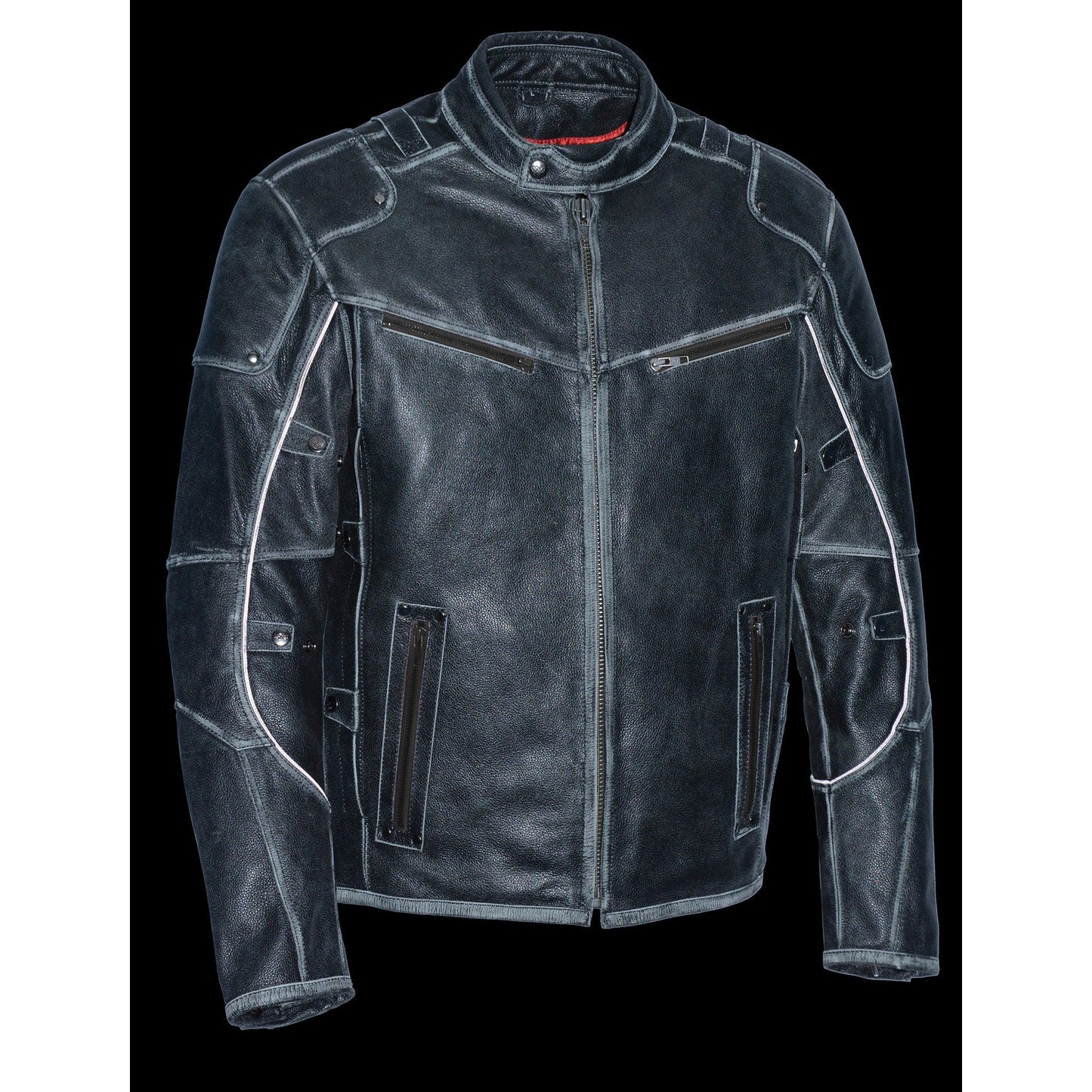 Milwaukee Leather MLM1536 Mens Vintage Distressed Grey Leather Scooter Style Motorcycle Jacket - Reflective Piping