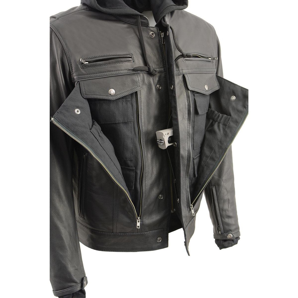 Milwaukee Leather MLM1537 Men's Black Leather ‘Utility Pocket’ Vented Jacket with Removable Hoodie