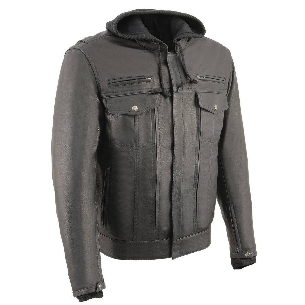 Milwaukee Leather MLM1537 Men's Black Leather ‘Utility Pocket’ Vented Jacket with Removable Hoodie