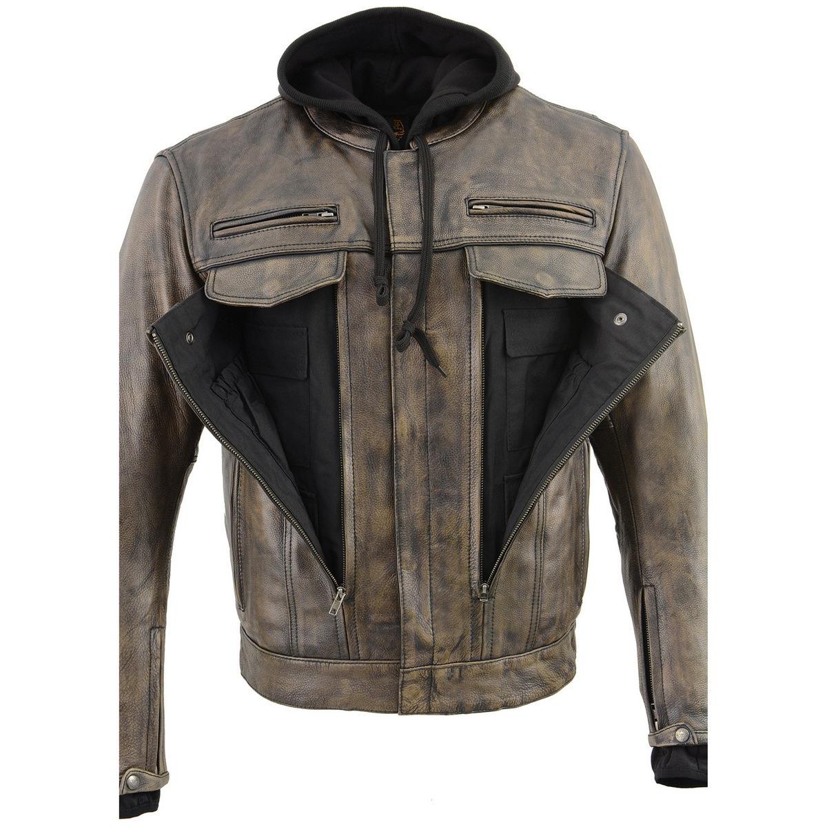 Milwaukee Leather MLM1538 Men's Distressed Brown Leather ‘Utility Pocket’ Vented Jacket with Removable Hoodie