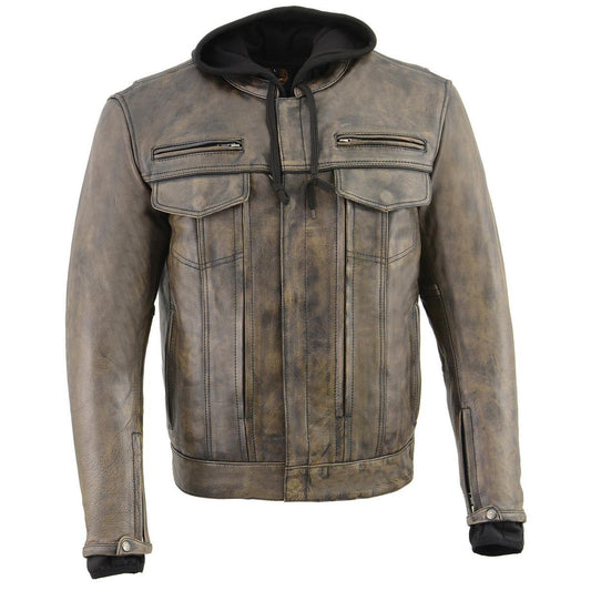 Milwaukee Leather MLM1538 Men's Distressed Brown Leather ‘Utility Pocket’ Vented Jacket with Removable Hoodie