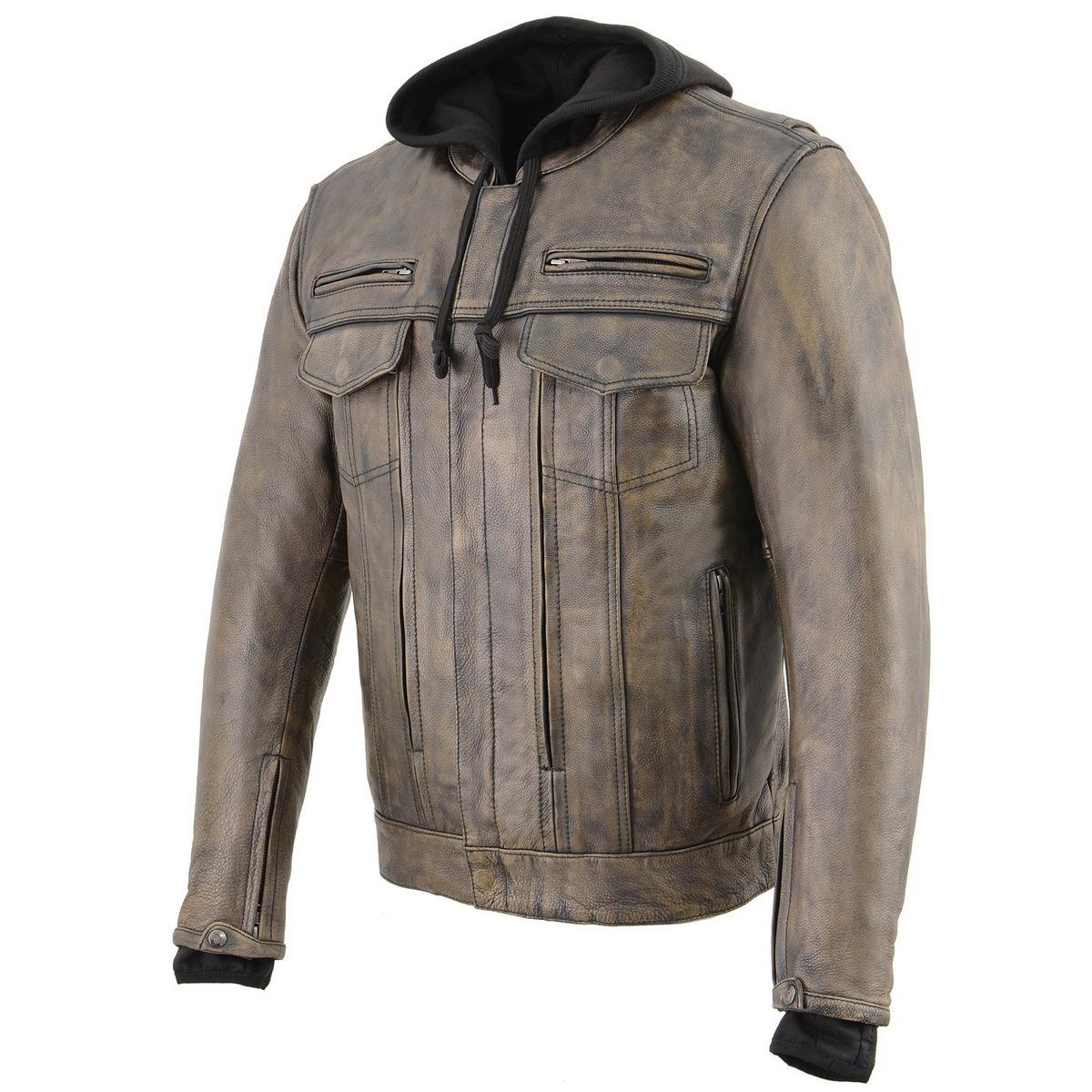 Milwaukee Leather MLM1538 Men's Distressed Brown Leather ‘Utility Pocket’ Vented Jacket with Removable Hoodie