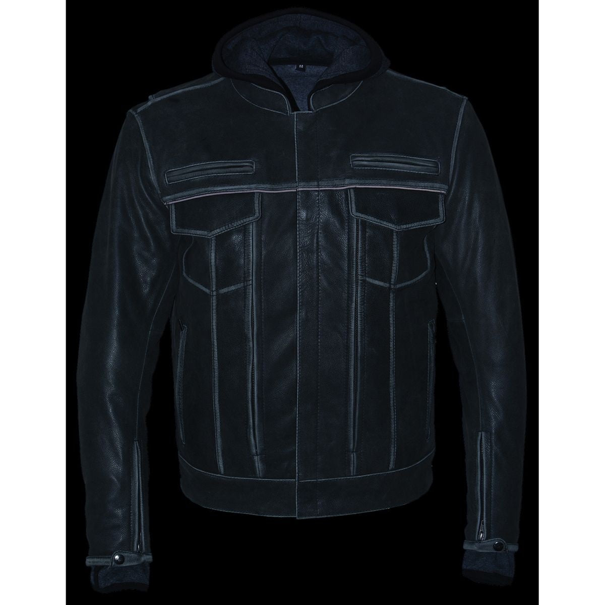 Milwaukee Leather MLM1539 Men's Distressed Grey Leather ‘Utility Pocket’ Vented Jacket with Removable Hoodie