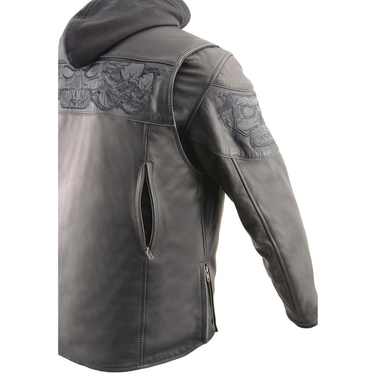 Milwaukee Leather MLM1563 Men's Black Leather Scooter Style Motorcycle Jacket with Reflective Skulls w/ Hoodie