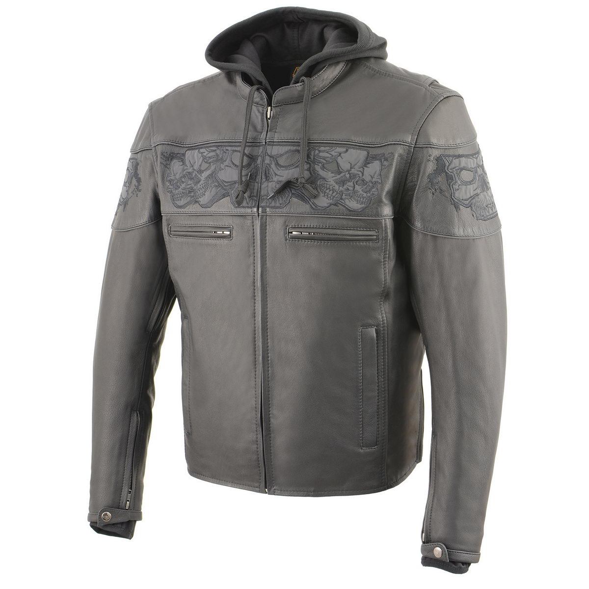 Milwaukee Leather MLM1563 Men's Black Leather Scooter Style Motorcycle Jacket with Reflective Skulls w/ Hoodie