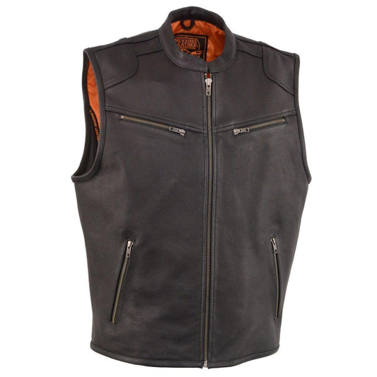 Milwaukee Leather MLM3502 Men's Black Cool-Tec Leather Vest Front Zipper Motorcycle Rider Vest with Stand-Up Collar