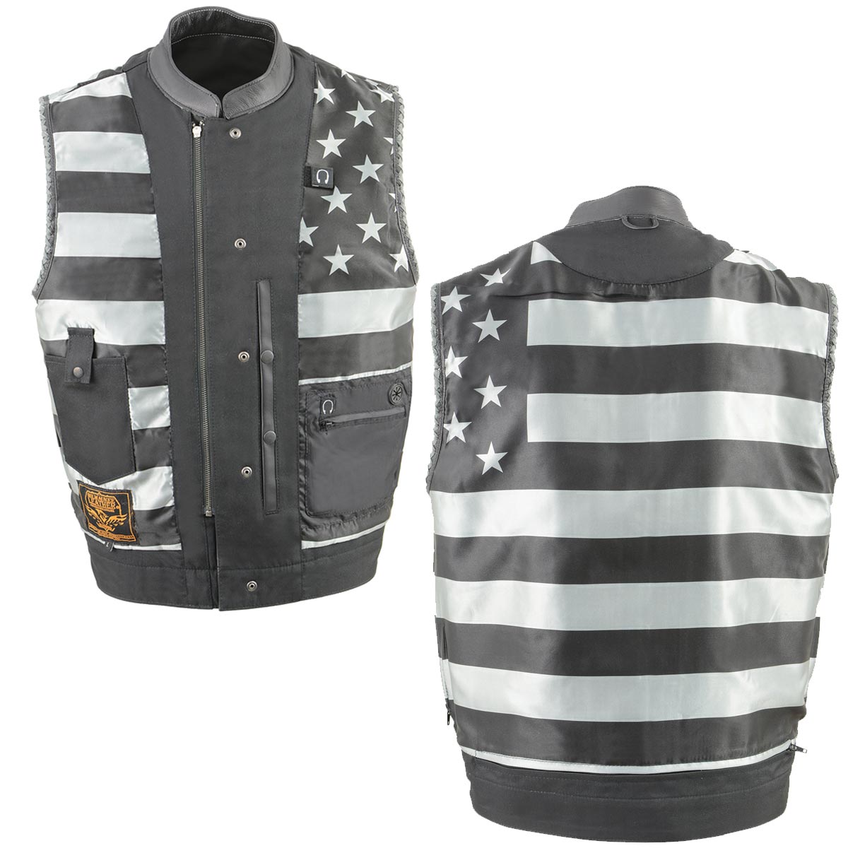 Milwaukee Leather MLM3507 Men's Old Glory Black Naked Leather Club Style Vest w/ Grey Stitching Laced Armholes