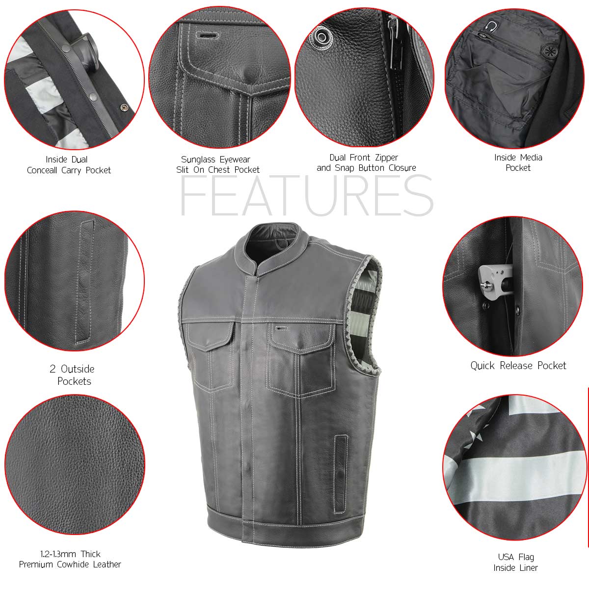 Milwaukee Leather MLM3507 Men's Old Glory Black Naked Leather Club Style Vest w/ Grey Stitching Laced Armholes