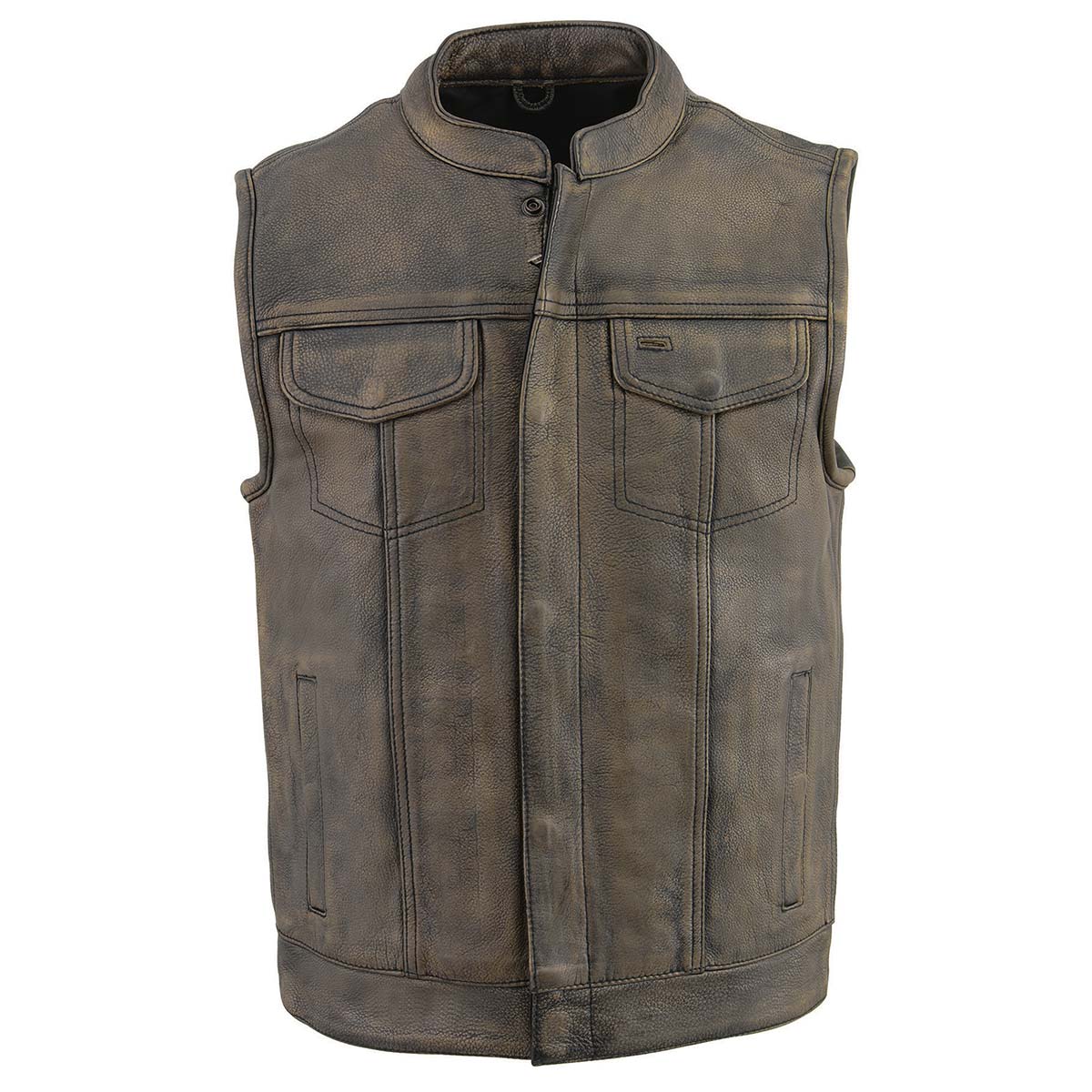 Milwaukee Leather MLM3510 Men's Black/ Beige Naked Leather Club Style Vest - Dual Closure Open Neck Motorcycle Vest