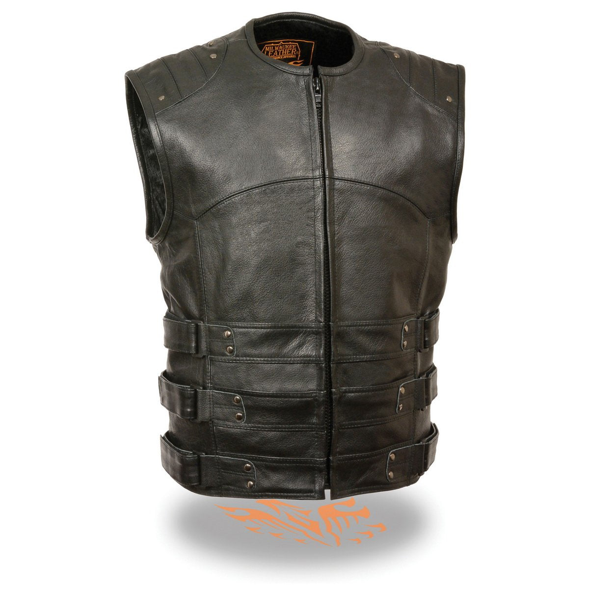 Milwaukee Leather MLM3530 Men's Black Swat Tactical Style Leather Vest Club Patch Accessible Single Panel Back Vest