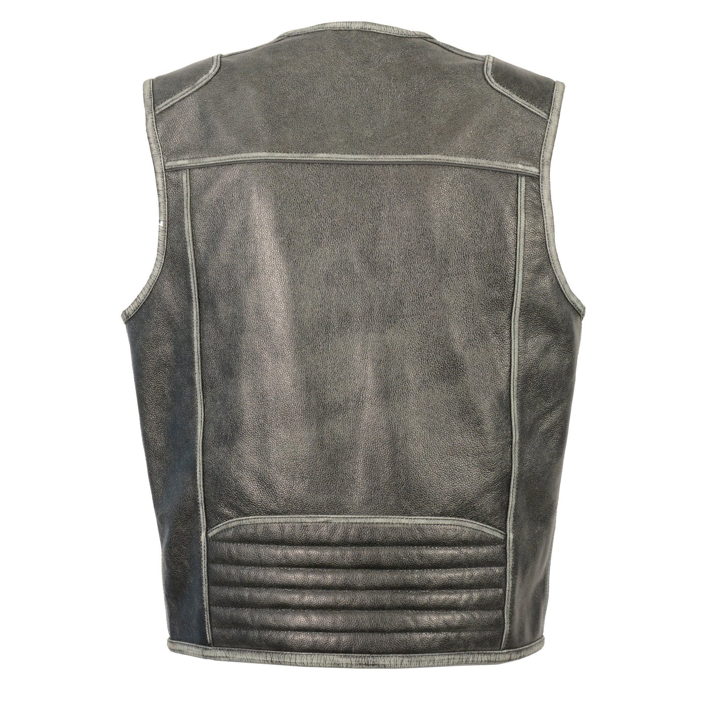 Milwaukee Leather MLM3536 Men's Vintage Leather Vest- Distressed Grey Front Zipper Collarless Motorcycle Rider Vest