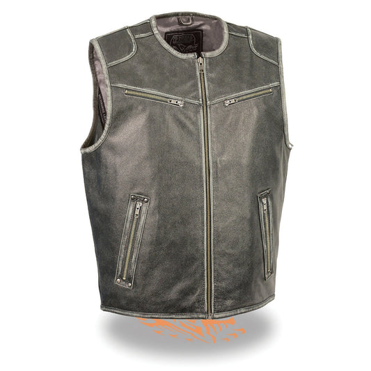 Milwaukee Leather MLM3536 Men's Vintage Leather Vest- Distressed Grey Front Zipper Collarless Motorcycle Rider Vest