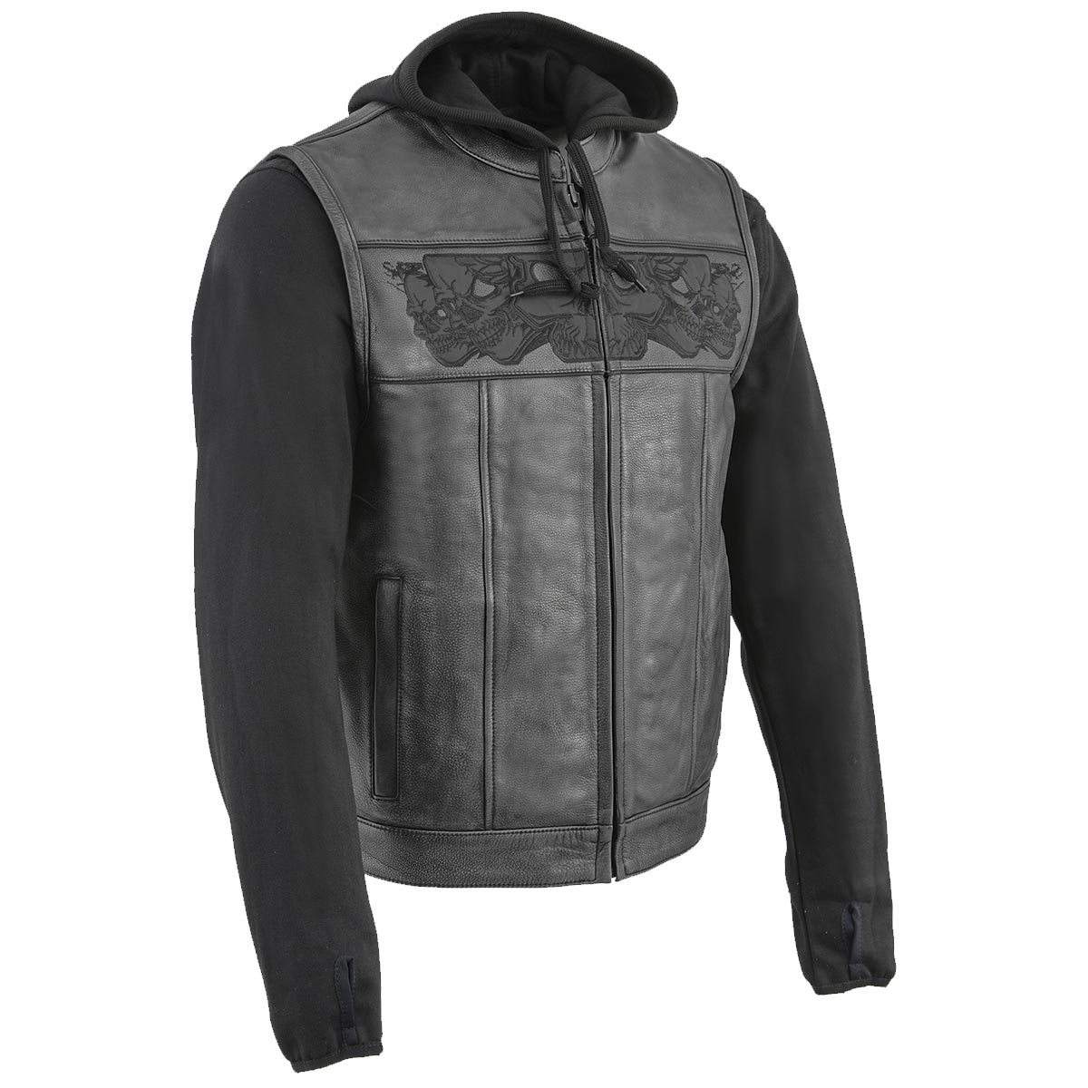 Milwaukee Leather MLM3563 Men's Leather Vest w/ Removeable Hoodie - Black 2 in 1 Reflective Skulls Motorcycle Vest