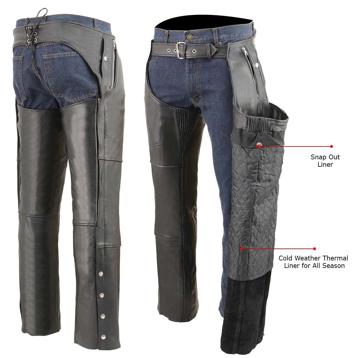 Milwaukee Leather Chaps for Men's Black Cool-Tec Naked Leather - Snap Out Thermal Lined Motorcycle Chap - MLM5505