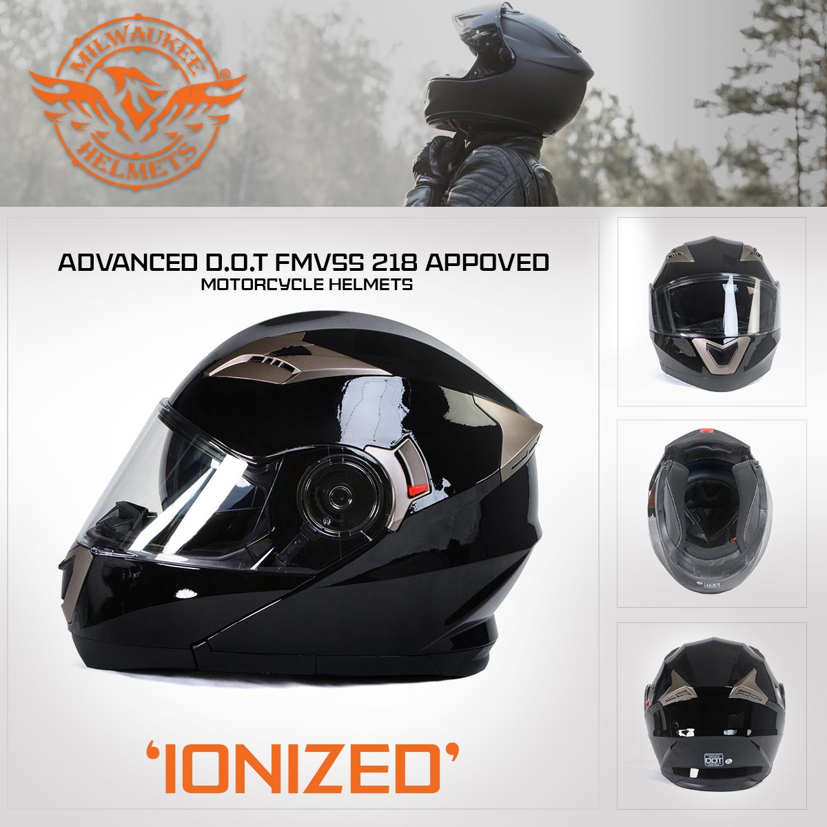 Milwaukee Helmets MPH9806DOT 'Ionized' Gloss Black Modular Helmet for Men and Women Biker w/ MP7922FMSET Heated Balaclava Bundle