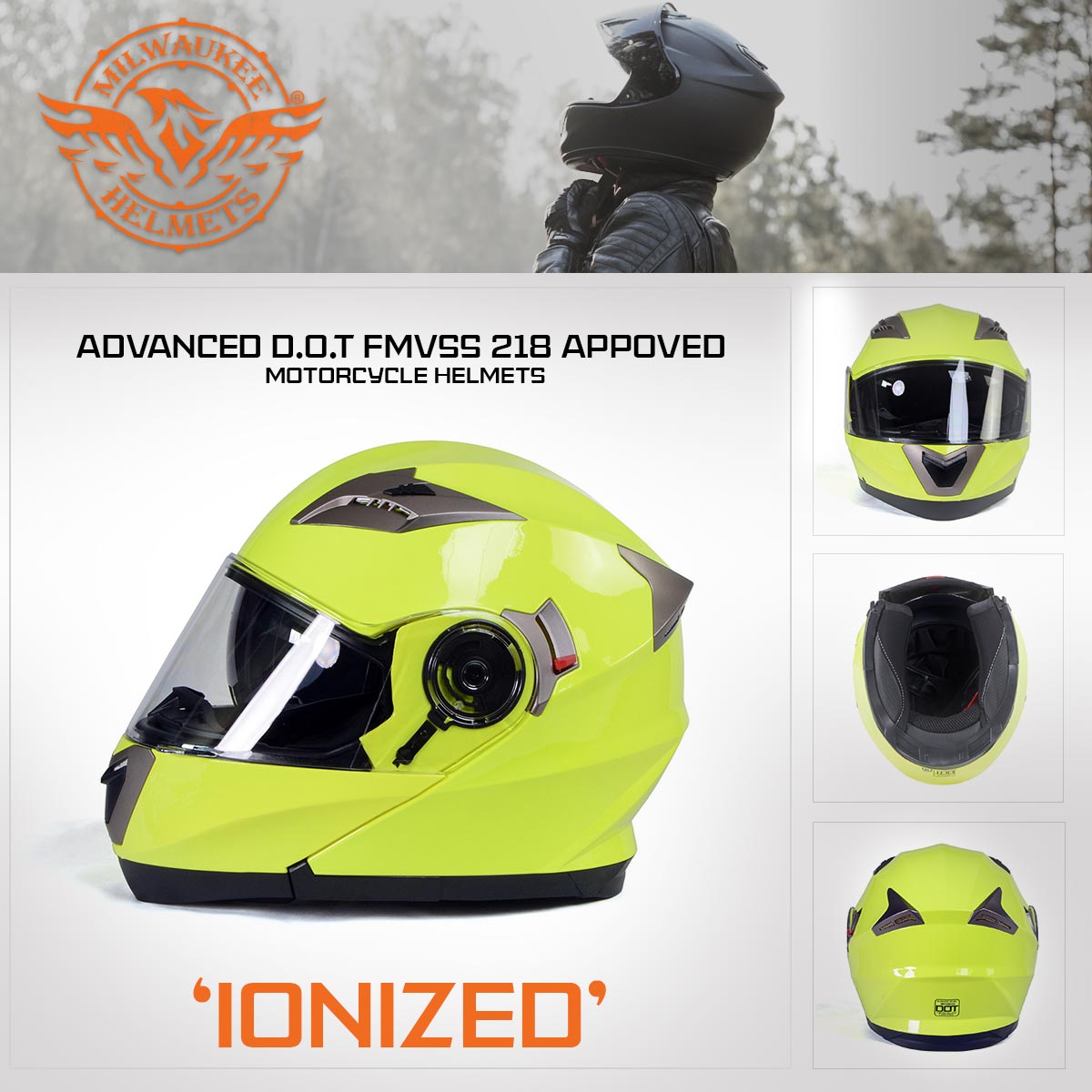 Milwaukee Helmets MPH9809DOT 'Ionized' Neon Yellow Modular Helmet for Men and Women Biker w/ MP7922FMSET Heated Balaclava Bundle