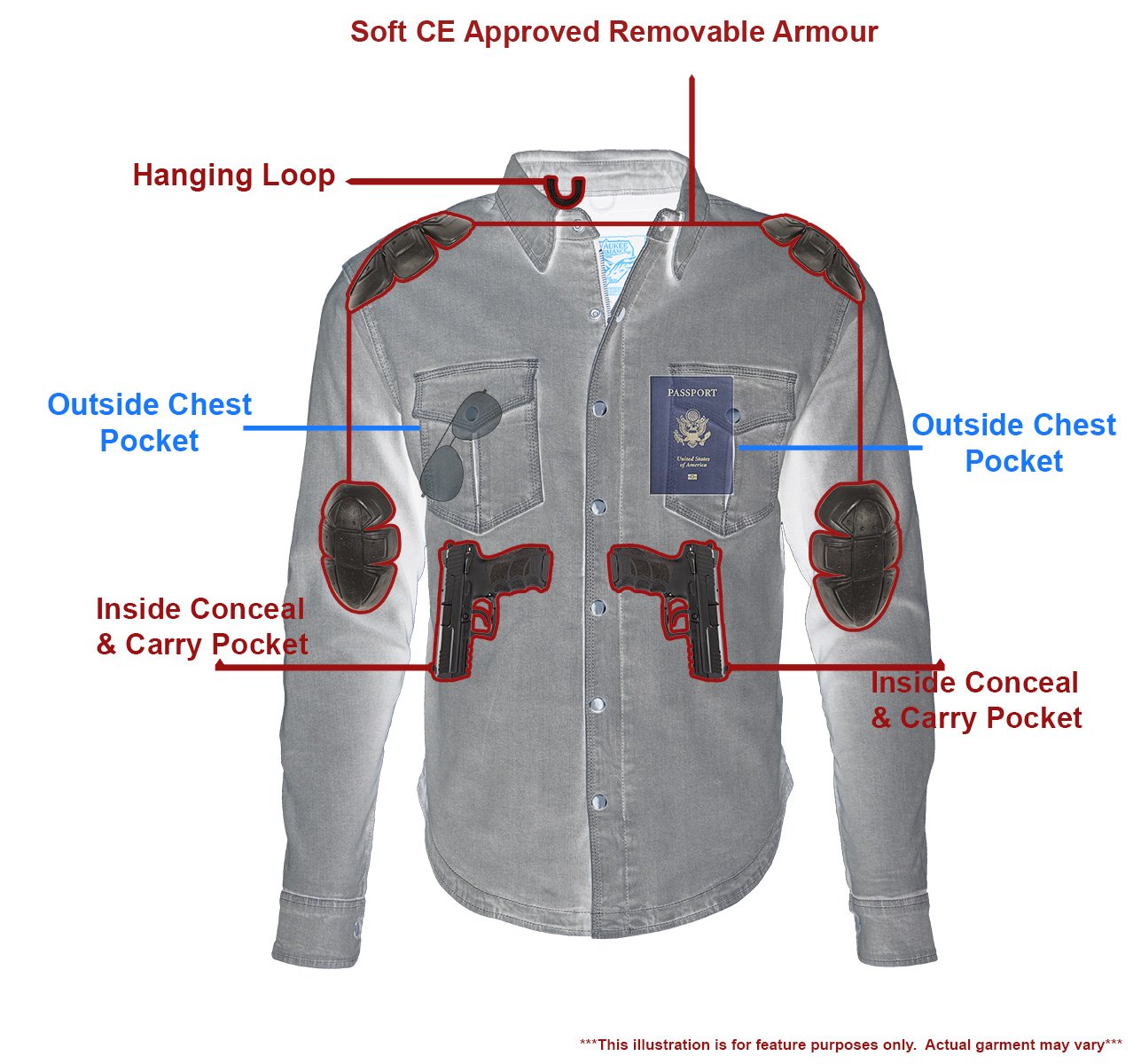 Milwaukee Leather MPM1621 Men's Grey Flannel Biker Shirt with CE Approved Armor - Reinforced w/ Aramid Fibers