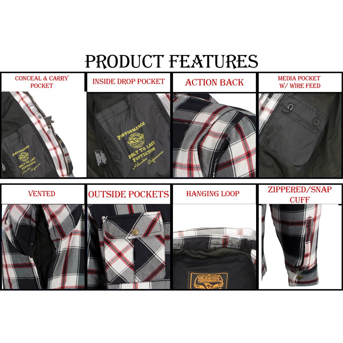 Milwaukee Leather MPM1625 Men's Plaid Flannel Biker Shirt with CE Approved Armor - Reinforced w/ Aramid Fibers