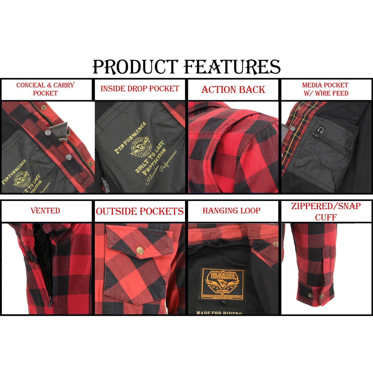 Milwaukee Leather MPM1631 Men's Plaid Flannel Biker Shirt with CE Approved Armor - Reinforced w/ Aramid Fiber