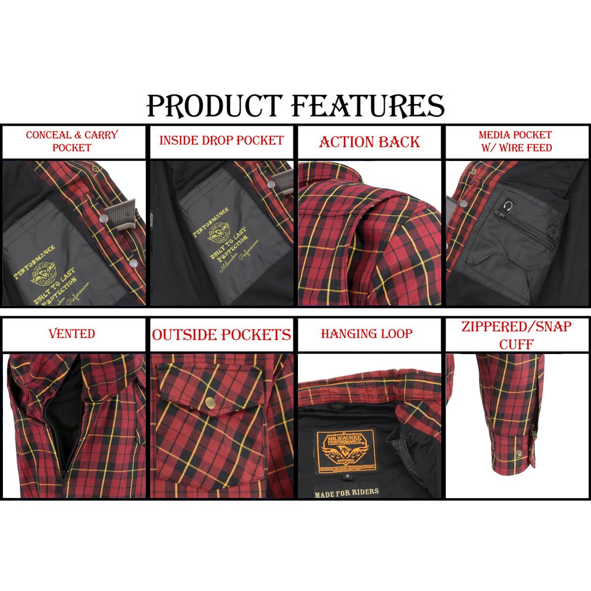 Milwaukee Leather MPM1632 Men's Plaid Flannel Biker Shirt with CE Approved Armor - Reinforced w/ Aramid Fiber