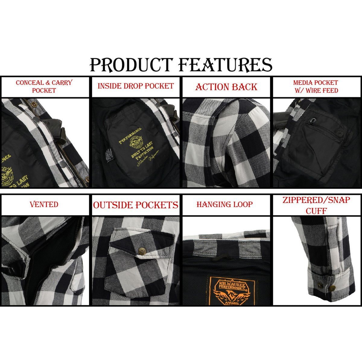 Milwaukee Leather MPM1633 Men's Plaid Flannel Biker Shirt with CE Approved Armor - Reinforced w/ Aramid Fiber